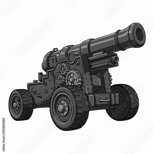 Old Artillery Cannon with Wheels and Gears.
