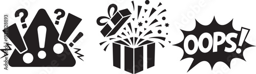 Surprise gift box with oops speech bubble and warning alert symbols