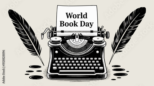 Vintage typewriter with world book day sign and quill pens on beige background celebrating literature and writing