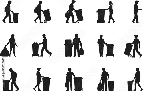 Black silhouette collection of people disposal garbage in trash bins and carrying waste bags for recycling and environmental cleanliness design