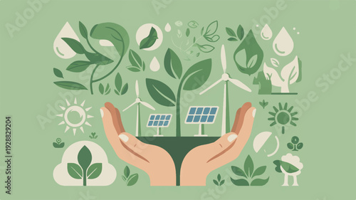 Eco friendly home with solar panels and green leaves in hands surrounded by environmental icons on a green background symbolizing sustainability and renewable energy