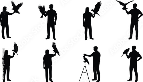 Black silhouette collection of people training and holding predatory birds like falcons or eagles for falconry sport and wildlife education