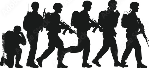 Black silhouette collection of soldiers in various tactical positions carrying rifles and gear isolated on white background for military design