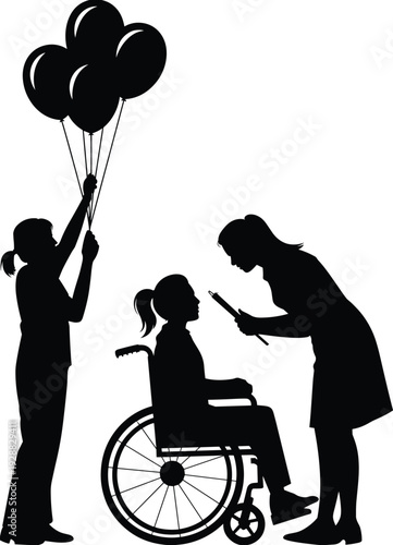 Black silhouette of a girl in a wheelchair being visited by friends holding balloons in a hospital on white background