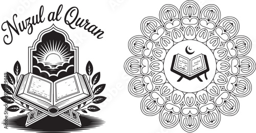 Circular mandala ornament with holy book and crescent moon icon center