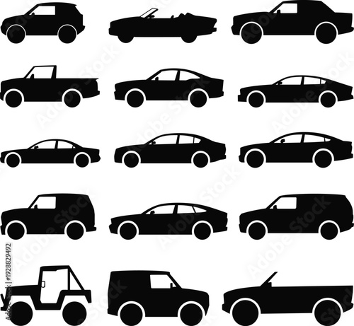 Black silhouette collection of various car models including sedans coupes suvs convertibles and off road vehicles isolated on white background