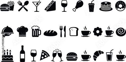 Food and Drink Silhouette Icon Set with Burger Fries Wine Pizza Coffee Cake and Restaurant Symbols