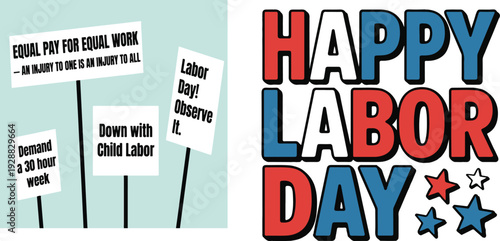 Labor day signs with slogans and red blue white happy labor day text