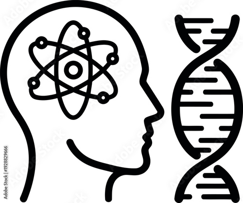 Human Head with Atom and DNA Line Icon – Science and Innovation Concept