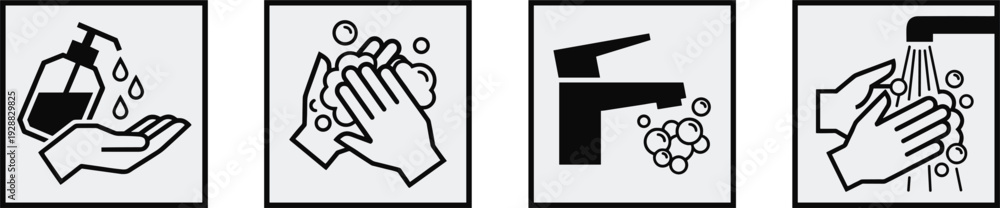 Obraz premium Hand Hygiene Icon Set with Soap Dispenser Handwashing Faucet Water and Sanitizer Protection Symbols