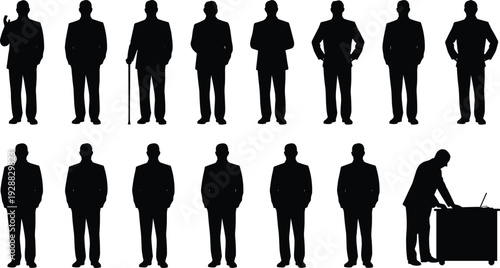 Businessmen silhouettes collection showing confident standing poses and working at desk isolated on light background for corporate leadership, professionalism and executive lifestyle concepts