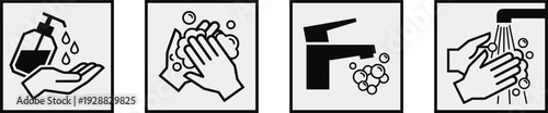 Hand Hygiene Icon Set with Soap Dispenser Handwashing Faucet Water and Sanitizer Protection Symbols