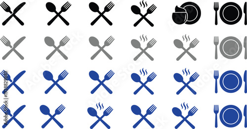 Fork and Spoon Silhouette Icon Set with Crossed Cutlery Plate Settings and Restaurant Dining Symbols