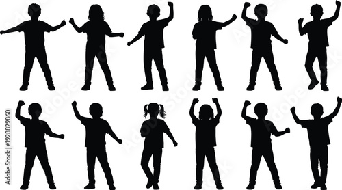 Children dancing silhouettes collection showing energetic kids celebrating, moving and raising hands isolated on light background for fun, music, party and joyful childhood activity concepts