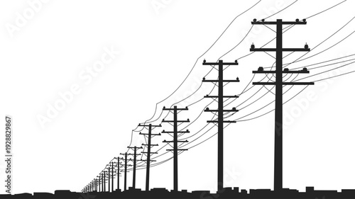 Black silhouette of electric utility poles and high voltage power lines along a city street skyline on white background, infrastructure