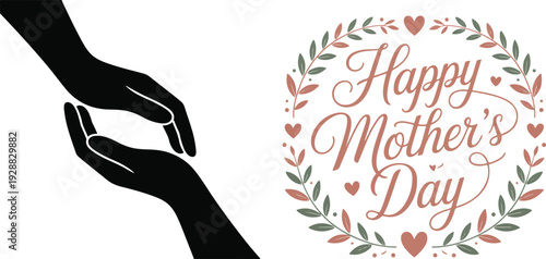 Mother day greeting with silhouette hands and delicate leaf wreath art