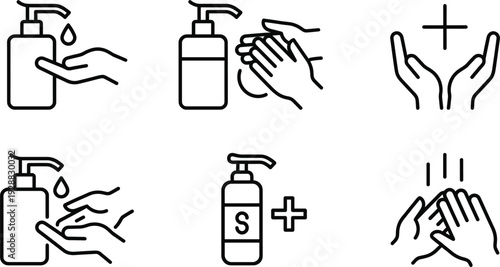 Hand Sanitizer and Handwashing Line Icon Set with Soap Dispenser Hygiene Protection and Healthcare Safety Symbols