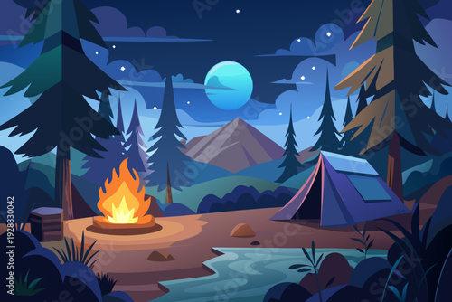 Night Forest Camping Scene Cartoon Background Vector 