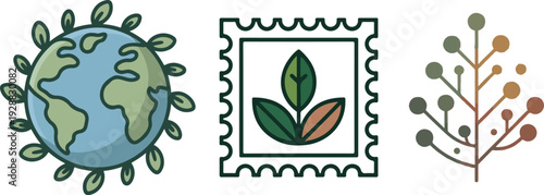Earth globe surrounded by green leaves, stamp icon with leaves and branch