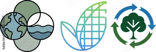 Interconnected circles with earth water and land, globe leaf icon, tree recycle