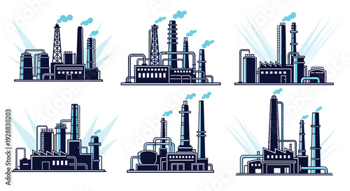 Set of six industrial factory icons in blue and white showing different refinery and manufacturing plant buildings with smokestacks.