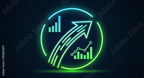 Neon growth chart with upward arrow and financial data.