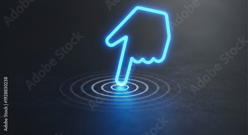Neon blue hand pointing finger icon on dark background with concentric circles.