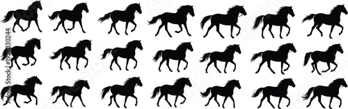 Horse silhouettes in walking pose, arranged grid vector illustration design, animal artwork for wildlife themed decorative and educational projects