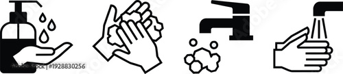 Handwashing and Sanitizer Icon Set with Soap Dispenser Faucet Foam and Hygiene Protection Symbols