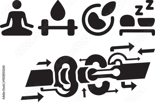 Lifestyle wellness habits and healthy routine silhouette icons set