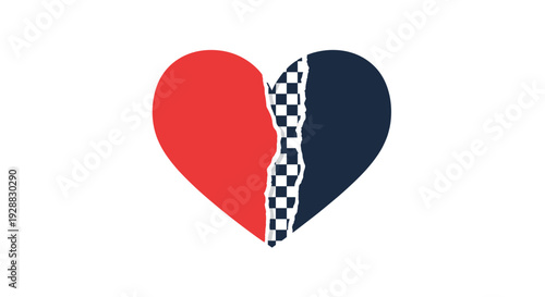 Stylized heart shape divided into two halves by a jagged crack with one side red and the other containing a black and white checkerboard.