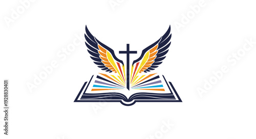 Religious logo featuring a central black cross behind an open Bible with large eagle wings and colorful light rays.