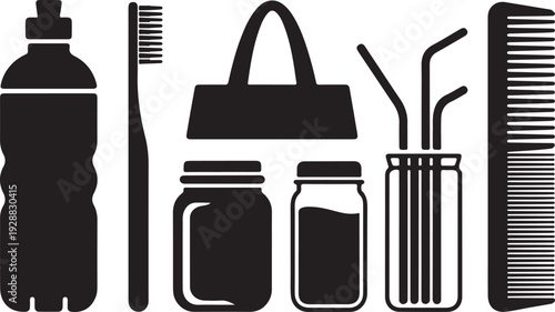 Everyday reuse zero waste items water bottle toothbrush bag jars straws comb