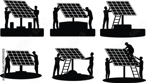 Black silhouette of professional technicians installing and maintaining industrial solar panels for renewable green energy on a clean white background, electricity