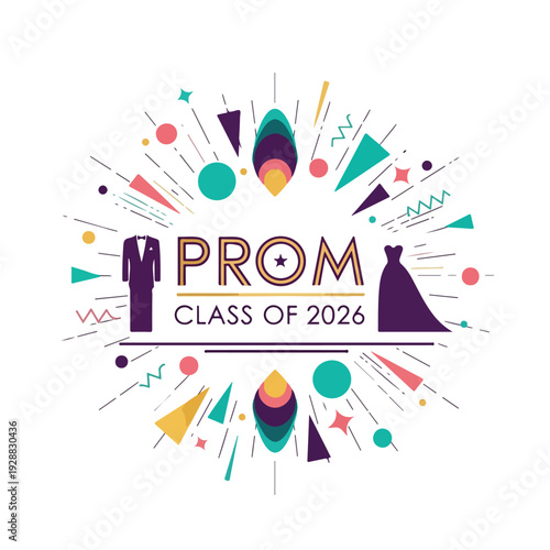 A colorful circular illustration for a high school prom, featuring a tuxedo and gown