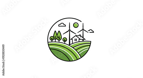 Minimalist circular icon of a green sustainable landscape featuring rolling hills, a small house, trees, and wind turbines.