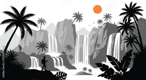 Monochrome landscape illustration showing hikers near large waterfalls and palm trees in a mountainous tropical setting.