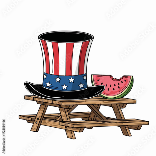 Patriotic Top Hat On Picnic Bench With Watermelon.