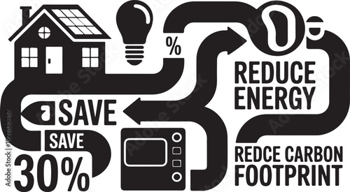 Home energy saving infographic reduce carbon footprint illustration black lightbulb