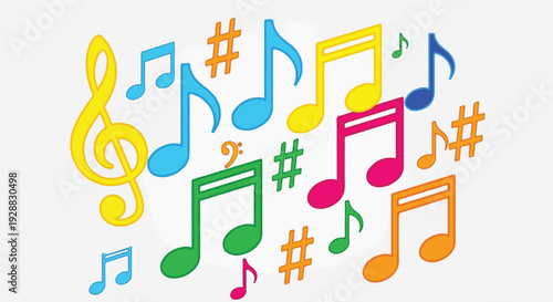 A colorful collection of musical notes and symbols on a white background