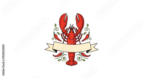 Stylized red lobster emblem surrounded by chili peppers and vine decorations with a blank banner for custom text placement.