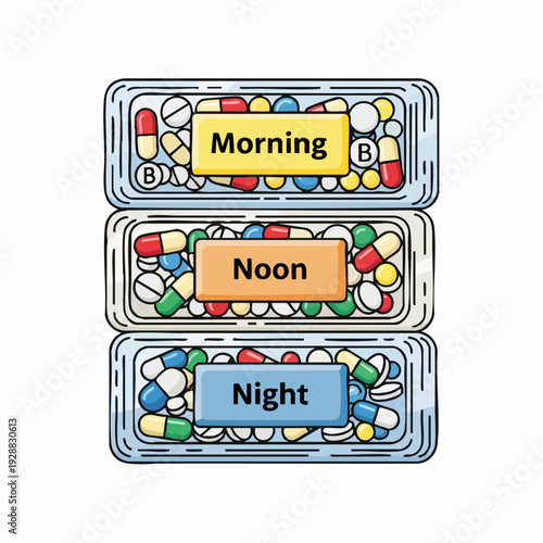 Pill organizer with morning noon night compartments.