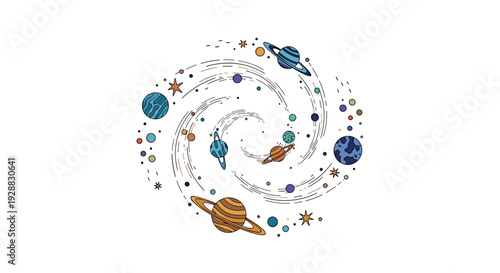 Abstract spiral galaxy illustration showing various planets, stars, and celestial bodies rotating in deep space on white background.