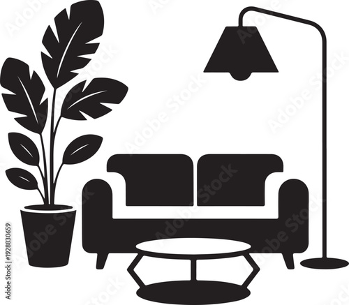 Relaxing living room with sofa, lamp, coffee table and potted plant