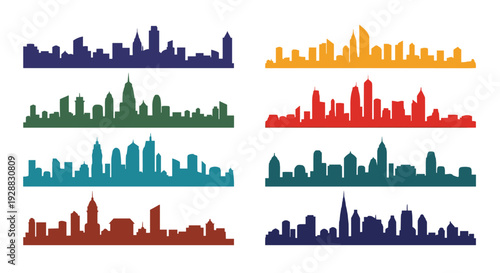 Collection of eight different colorful city skyline silhouettes representing metropolitan urban architecture and skyscrapers.