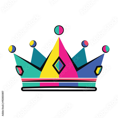 A colorful, geometric royal crown design with various colored shapes