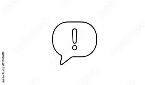 A simple black line art exclamation mark in a speech bubble icon