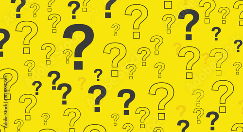 Dynamic background pattern filled with multiple black and yellow question marks of various sizes and styles on a yellow surface.