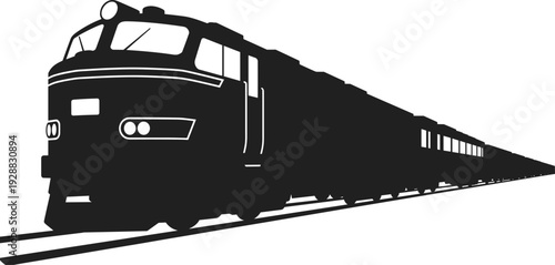 Black silhouette of vintage passenger train locomotive on tracks with perspective view isolated on white background for travel and transportation design