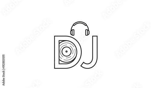 A minimalist vector graphic of a DJ logo with headphones and vinyl record